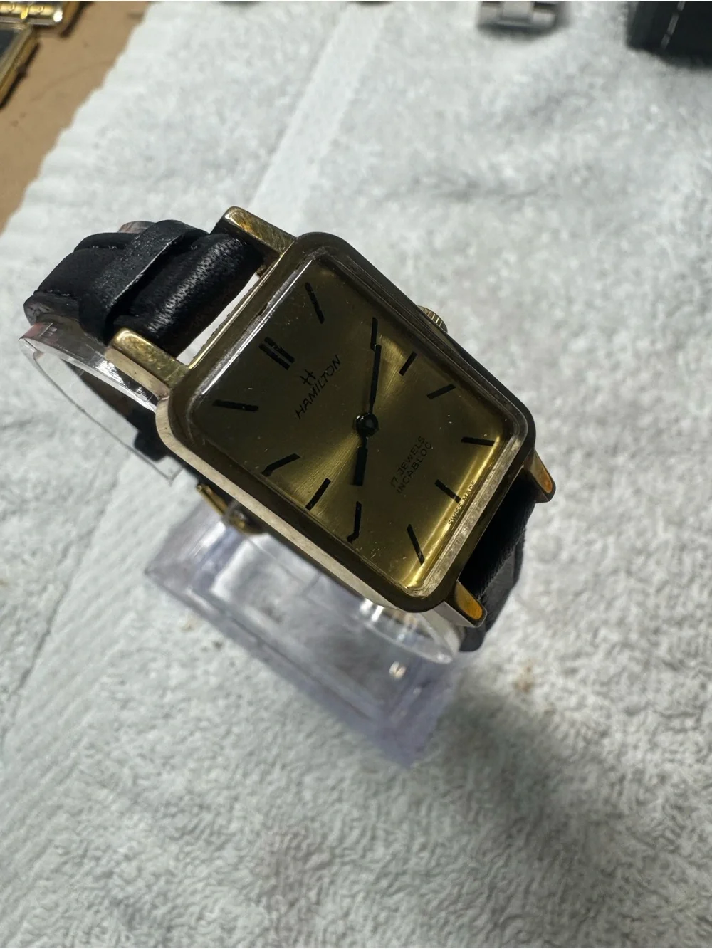 #080 Hamilton Gold-Tone Rectangular Dress Watch with Black Strap